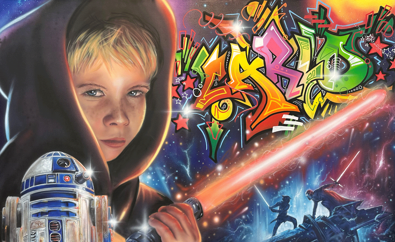 Star Wars Graffiti-Wandgestaltung mit Lichtschwert, Kindporträt, R2-D2 und farbenfrohem Namensgraffiti – Airbrush und Urban Art für Kinderzimmer oder Jugendräume.
