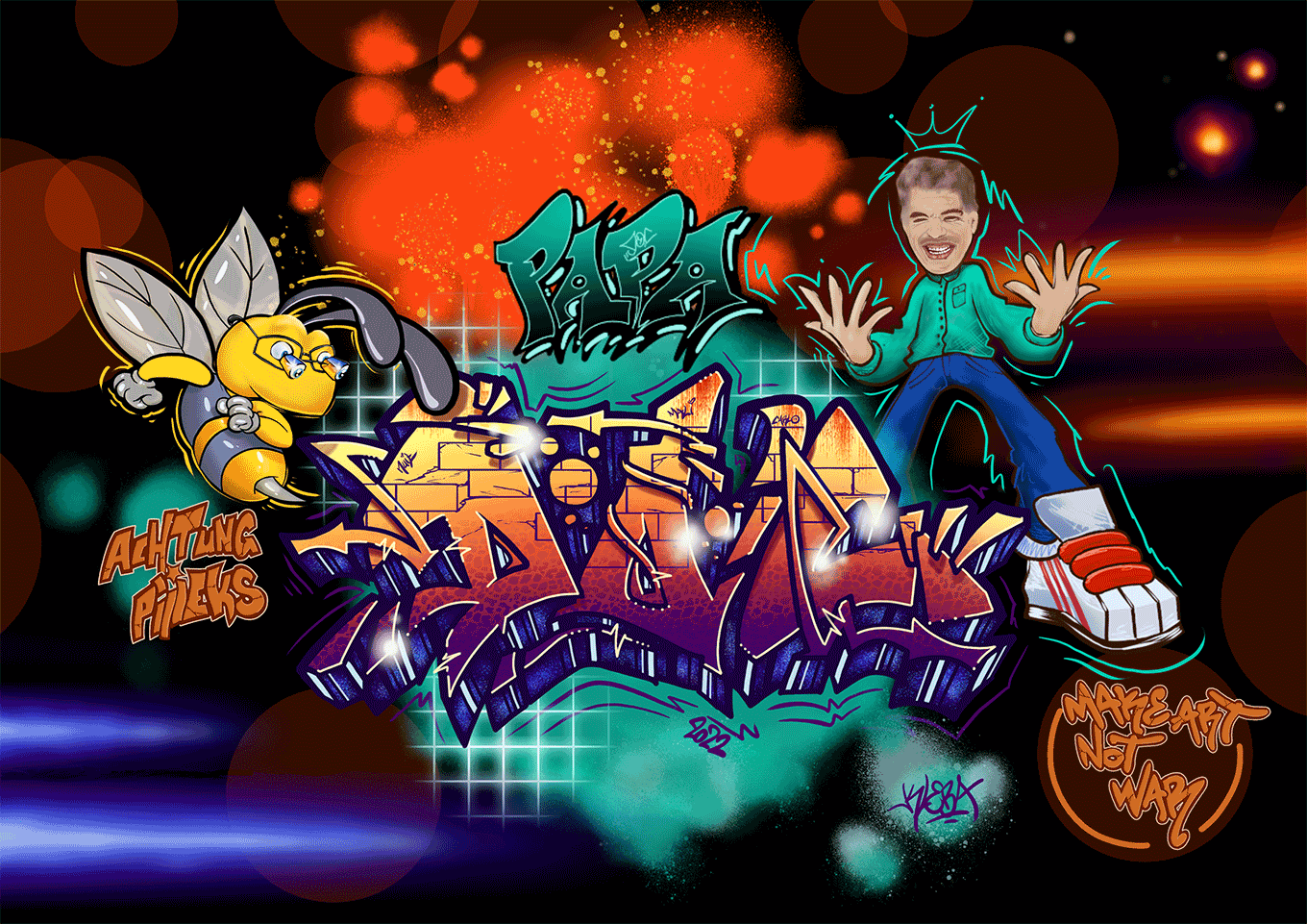 digitales graffiti-artwork mit schriftzug "papa Doc", comic-biene, figur und leuchtenden effekten - personalisiertes leinwanddesign mit graffiti elementen aus münster