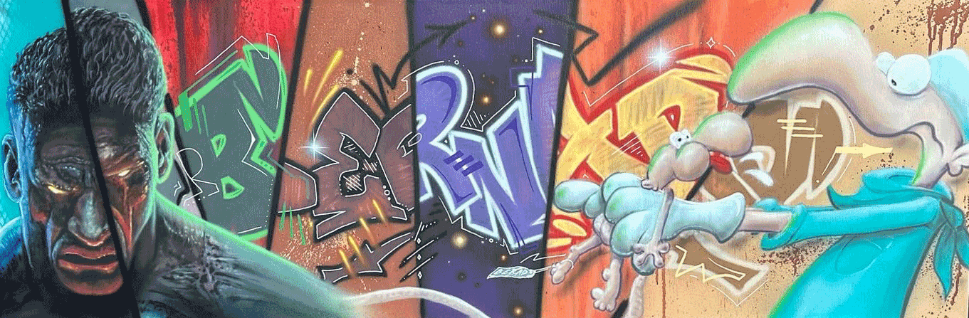 Graffiti-Wandbild mit Porträt, Comicfigur und buntem Style Airbrush graffiti-Kunstwerk mit urbanem Charakter und illustrativen Elementen.