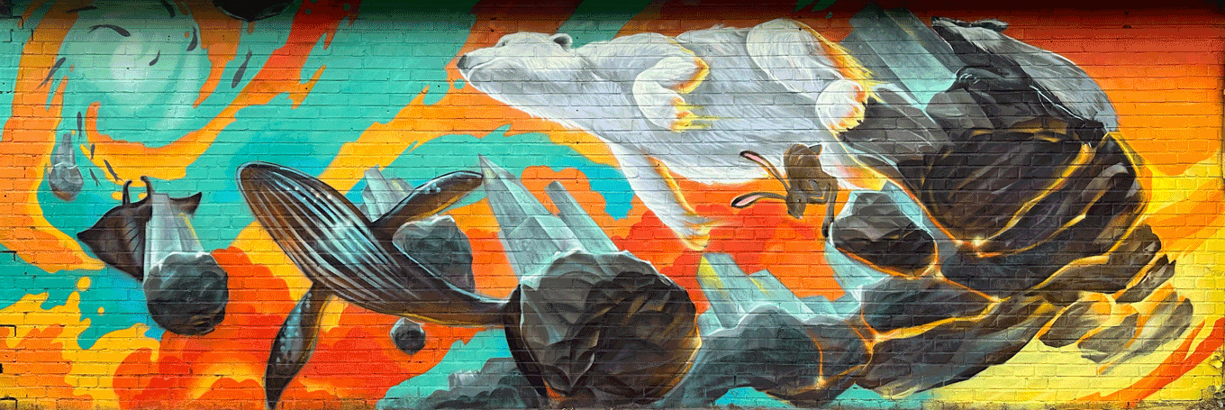 wandgestaltung mit walen, ozeanmotiven und korallenriff, großflächiges graffiti-kunstwerk auf ziegelwand, atelier skala