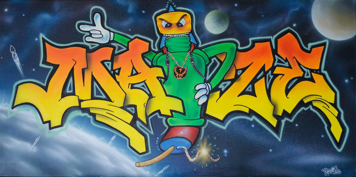Weltraum-Graffiti mit Cartoon-Roboter und Schriftzug – knallige Streetart Wandgestaltung im Science-Fiction-Stil, gesprayt von ilovedaStreet in Münster.