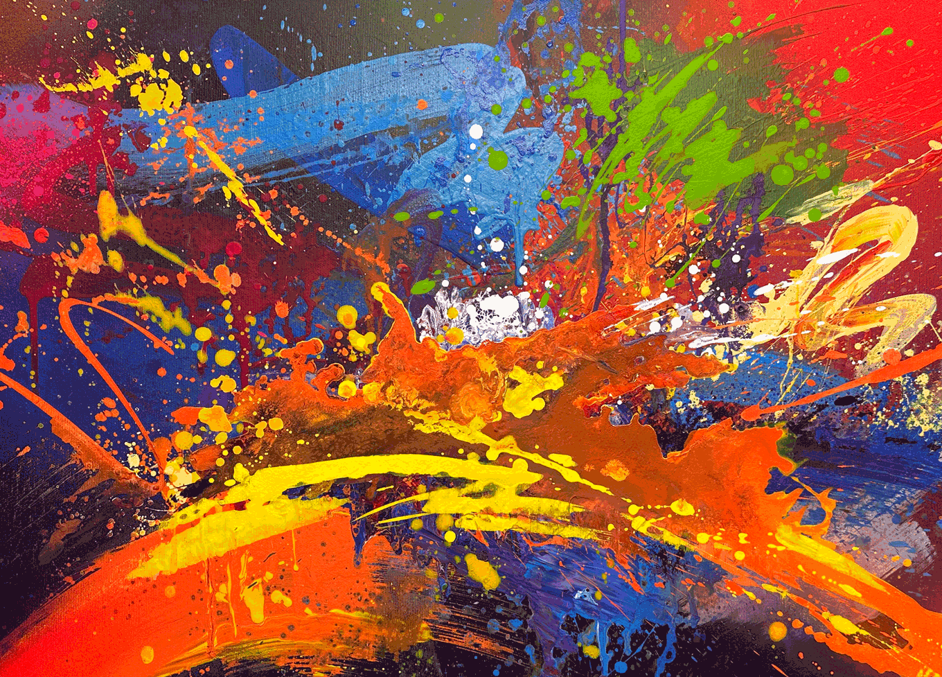 Abstrakte Acrylmalerei mit dynamischen Farbexplosionen in Rot, Gelb, Blau und Grün – modernes Action Painting auf Leinwand von ilovedaStreet aus Münster.