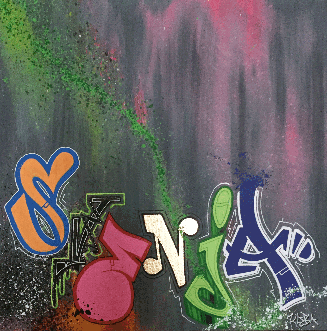 Graffiti-Kunst mit Schriftzug “Svenja” auf schwarzem Hintergrund – Mixed Media mit Schablonentechnik, Pinsel und Schlagmetall-Gold auf Canvas.